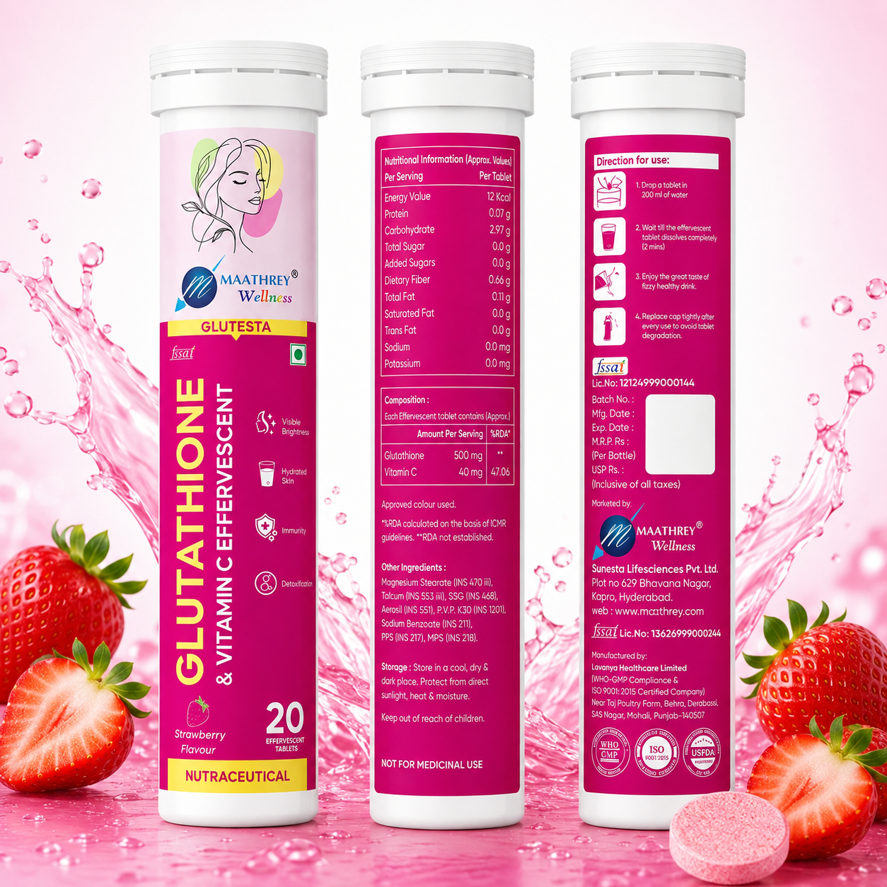 GLUTESTA Glutathione & Vitamin C Effervescent Tablets – For Skin Wellness, Antioxidant & Immunity Support
